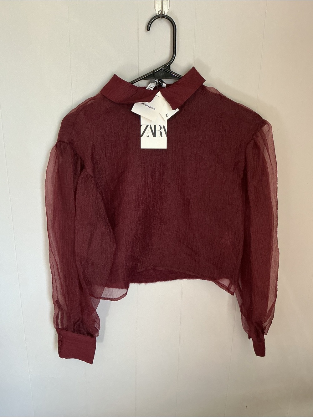 Zara Burgundy Sheer Puff-Sleeve Collared Blouse